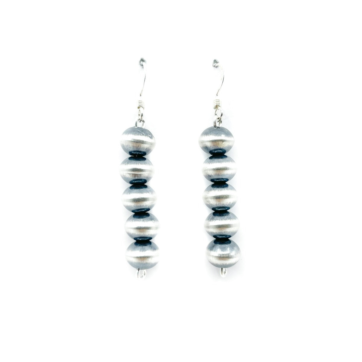 Sterling silver beads, each bead individually hand made Rich satin patina finish gives an antique look Sterling silver wires Each earring measures approximately 1.25 inch long, dangles from ear approximately 1.5 inches
