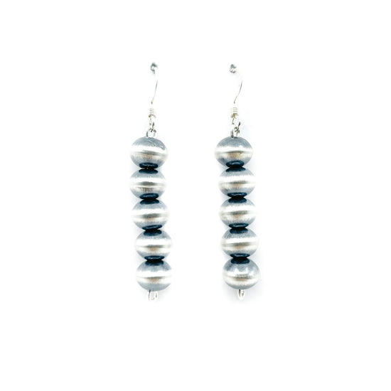 Sterling silver beads, each bead individually hand made Rich satin patina finish gives an antique look Sterling silver wires Each earring measures approximately 1.25 inch long, dangles from ear approximately 1.5 inches