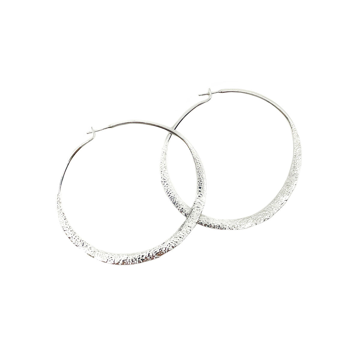 Sterling silver hand hammered and textured, wavy hoop earrings by Elgin Tom Sterling silver posts  Approximate dimensions: Hoops are 2.25 inches in diameter and just shy of 1/4 of an inch wide at widest flat area on bottom of hoop