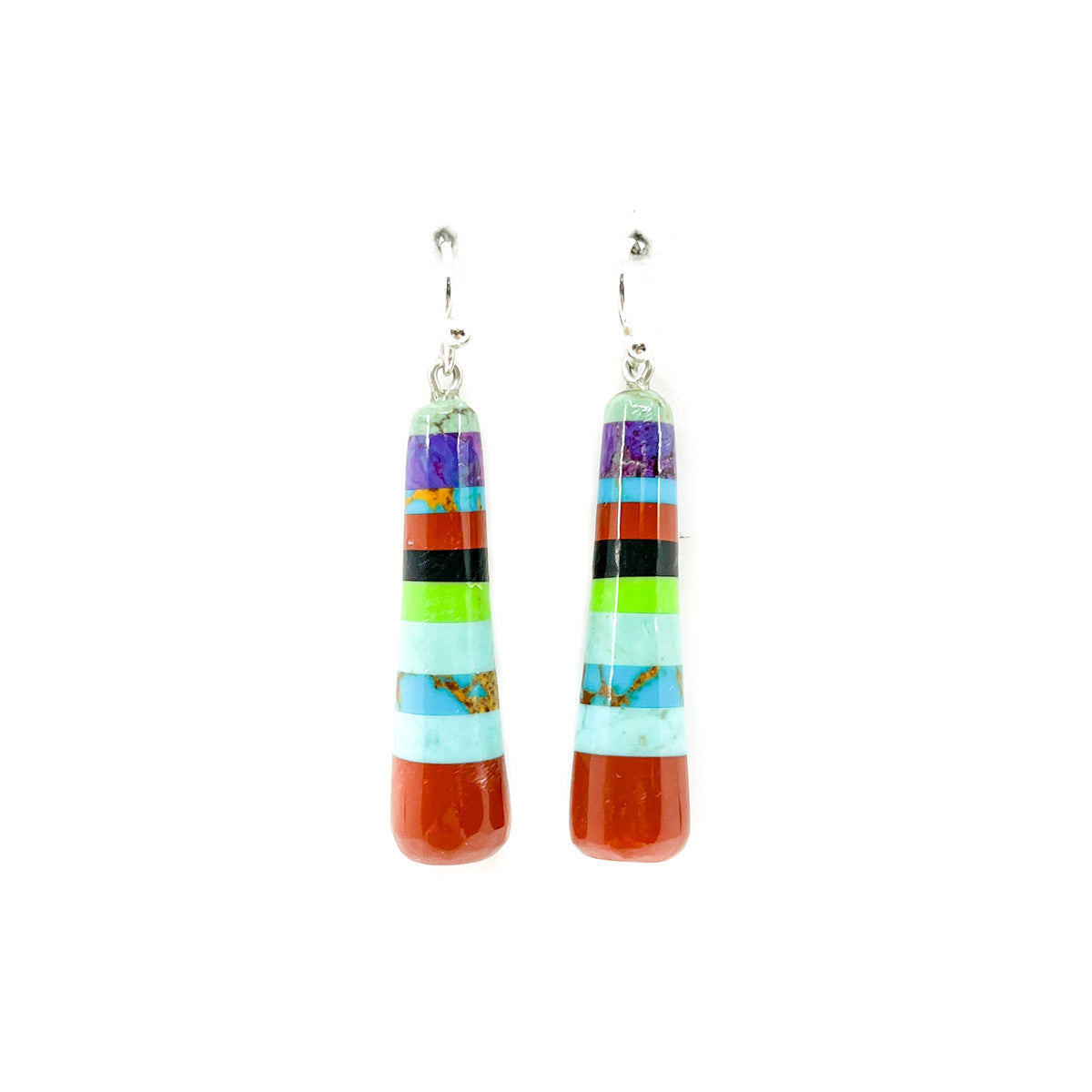 Hand crafted by Santo Domingo Pueblo artist Ronald Chavez Lightweight, stacked multicolor slab earrings Sterling silver French hooks Earrings are approximately 1.5 inches long, tapered, and dangle from earlobe approximately 1.75 inches