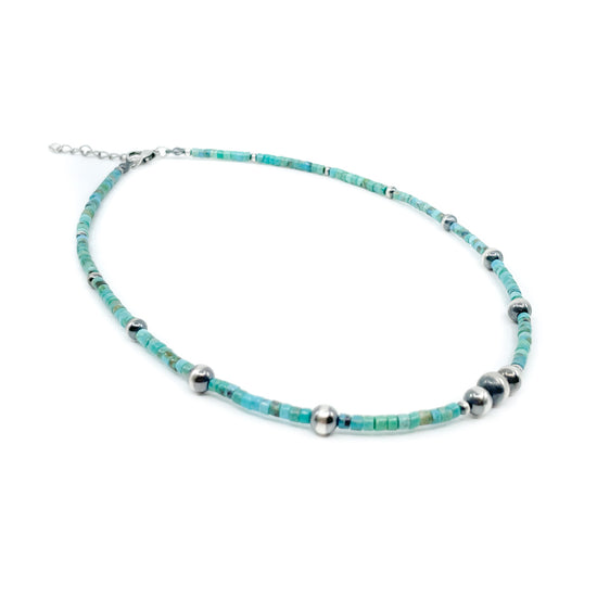 Turquoise heishe beaded choker necklace with silver accent beads