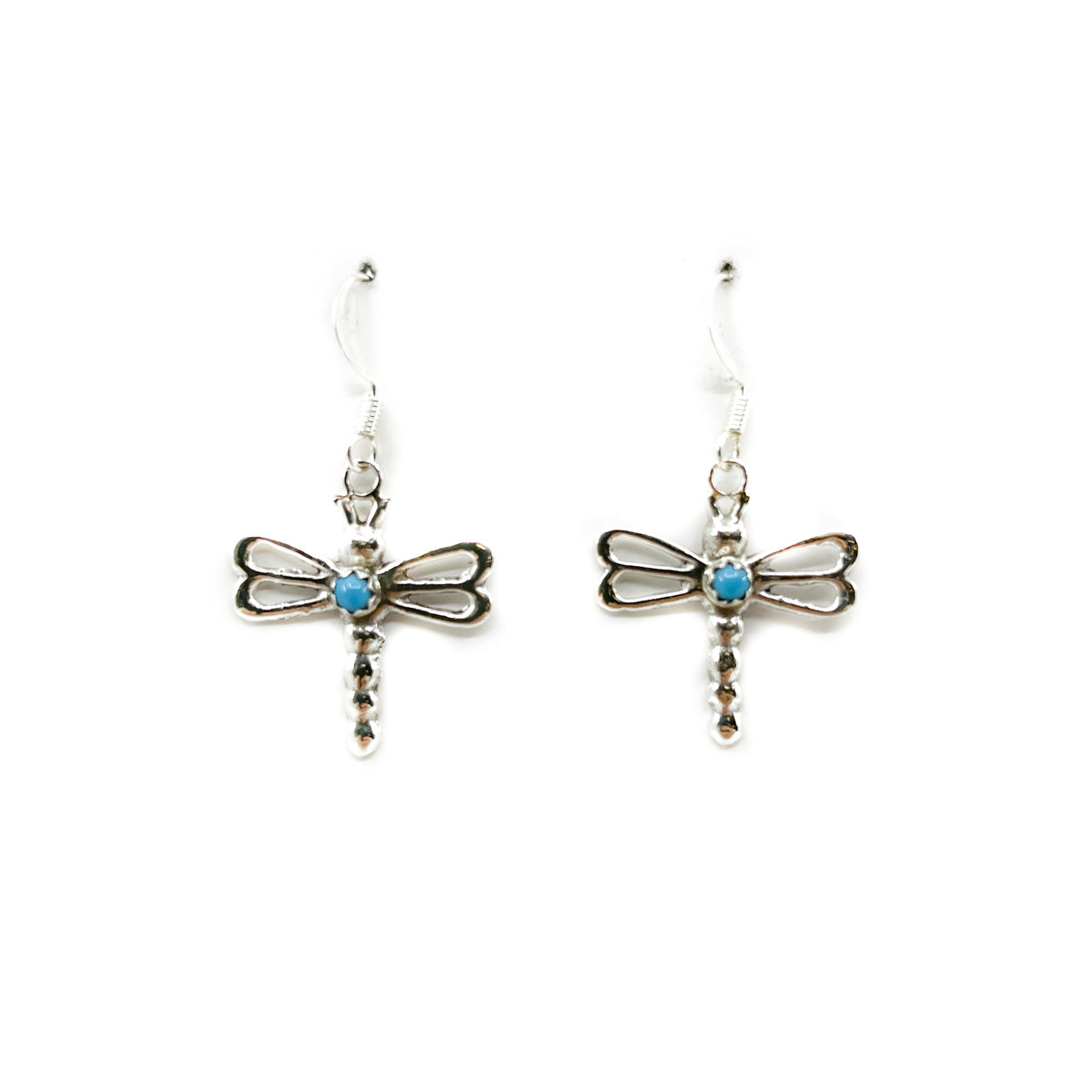 Sterling silver mini-dragonfly earrings with genuine turquoise stone By Bruce Chee, Diné jeweler Measures approximately 7/8 of an inch long and 7/8 of an inch wide at wingspan Dangles from ear approximately 1.5 inches