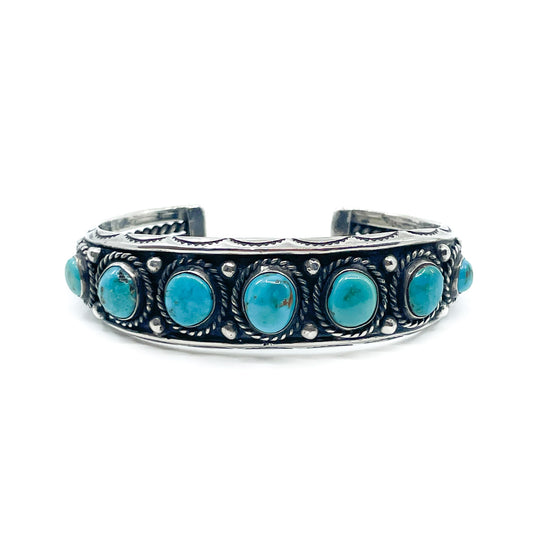 Classic Style Diné (Navajo) Bracelet - Seven Turquoise Stones