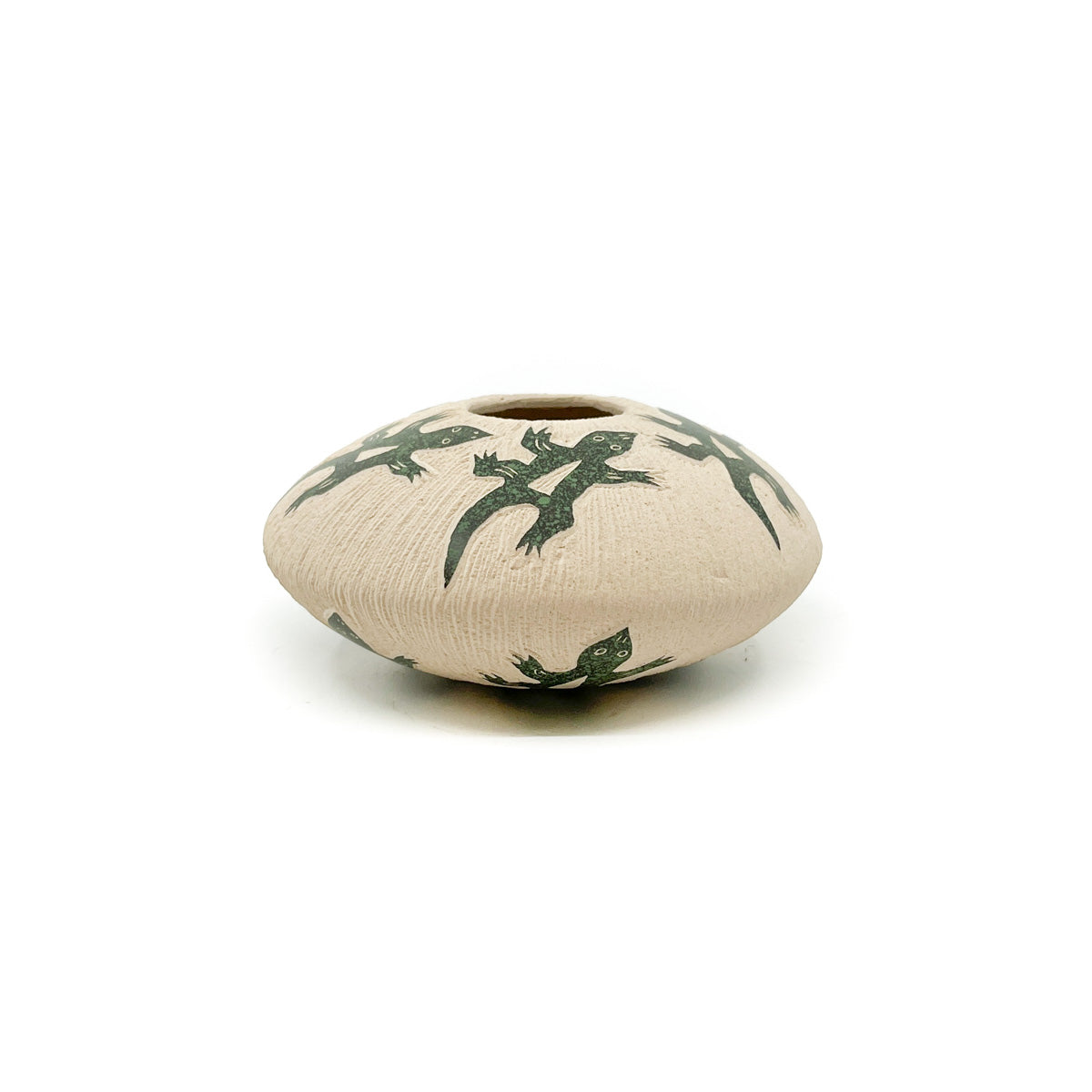 Small Flat Round White Clay Seed Pot with Green Lizards NativeSeeds