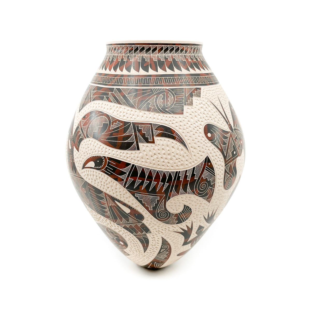 Large Tapered Pot with Complex Geometric Design Incised on White Clay