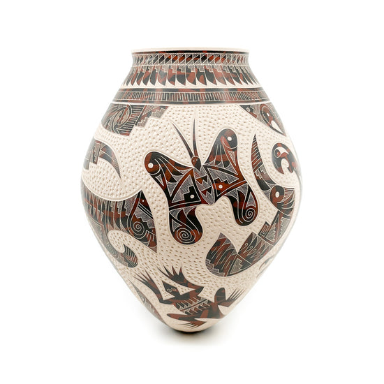 Large Tapered Pot with Complex Geometric Design Incised on White Clay