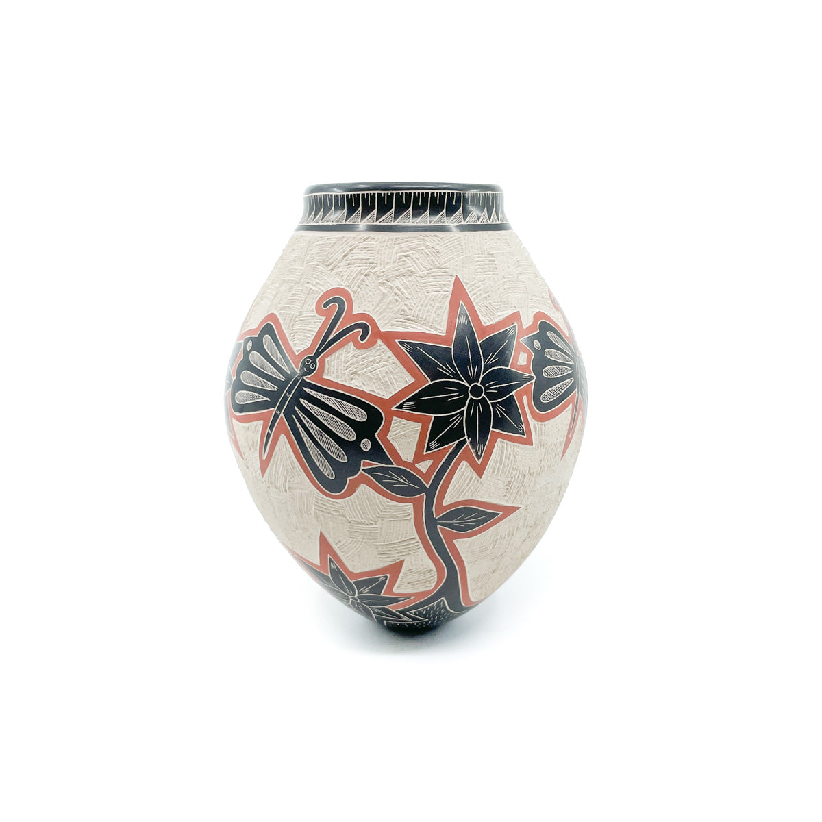 Incised Dragonflies and Flowers on White Clay Pot