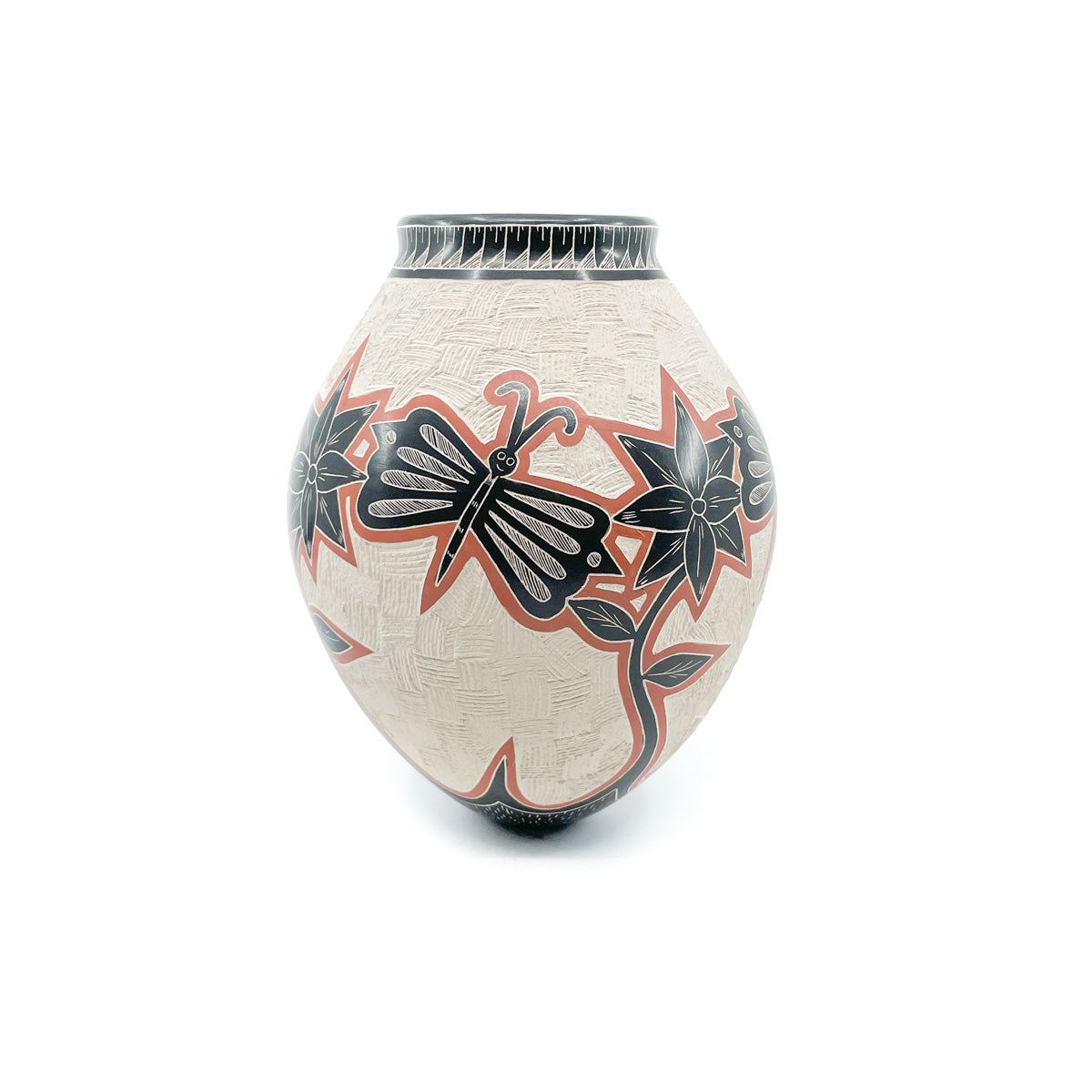 Load image into Gallery viewer, Incised Dragonflies and Flowers on White Clay Pot
