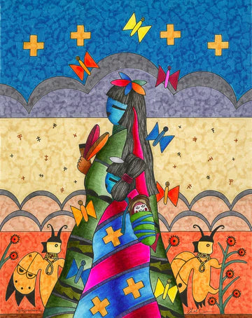"A mother and daughter wrapped in blankets for the cool morning sing their prayers toward the rising sun. Butterflies gather about them, flying upward to clouds as the last midnight stars greet the sun. The young girl carries her toy, a grandmother doll, in a cradleboard and has her hair wrapped in a child’s hair whorl, symbolizing butterfly wings. Behind the women are ancient butterfly spirits gathered among flowers and clouds. Above, dragonflies and butterflies merge with the clouds." White matted print m