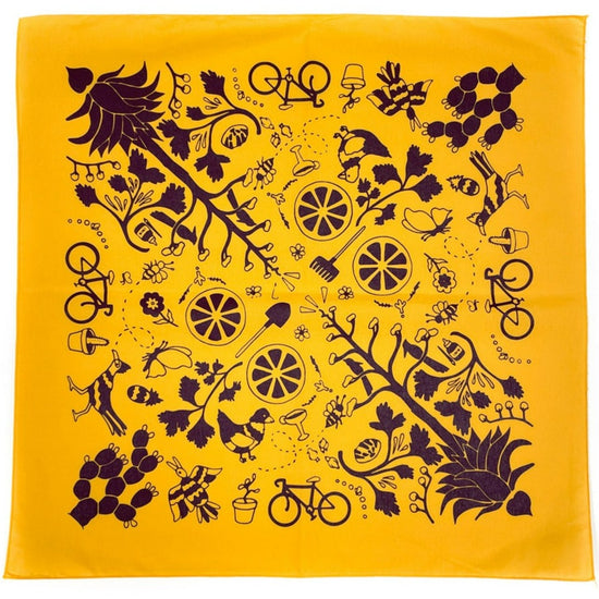 Load image into Gallery viewer, Hand Screen Printed 100% Cotton &amp;quot;AGAVE&amp;quot; Bandana - Purple on Gold
