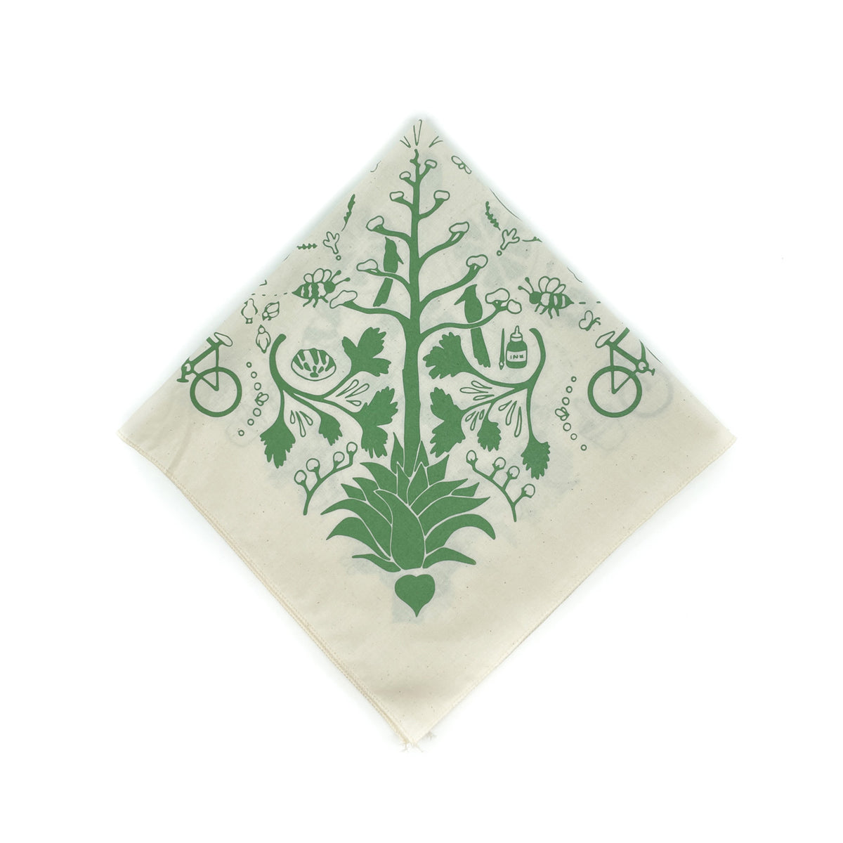 Designed and hand screenprinted by Tucson artist Alexandra Jimenez Motif is inspired by Otomì (central Mexico) embroidery designs and features the majestic agave and other plants and herbs, desert creatures, and fun stuff found in your backyard Fabric is 100% cotton and is 22” x 22” but will shrink a little bit after washing NOTE: Handwashing recommended!
