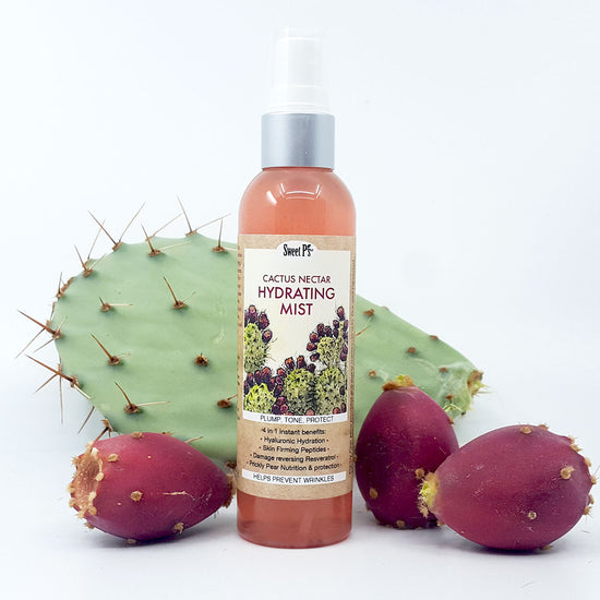 Lovely pink hydrating mist handmade with prickly pear juice in Tucson, Arizona. Plumps, nourishes, and evens skin tone!