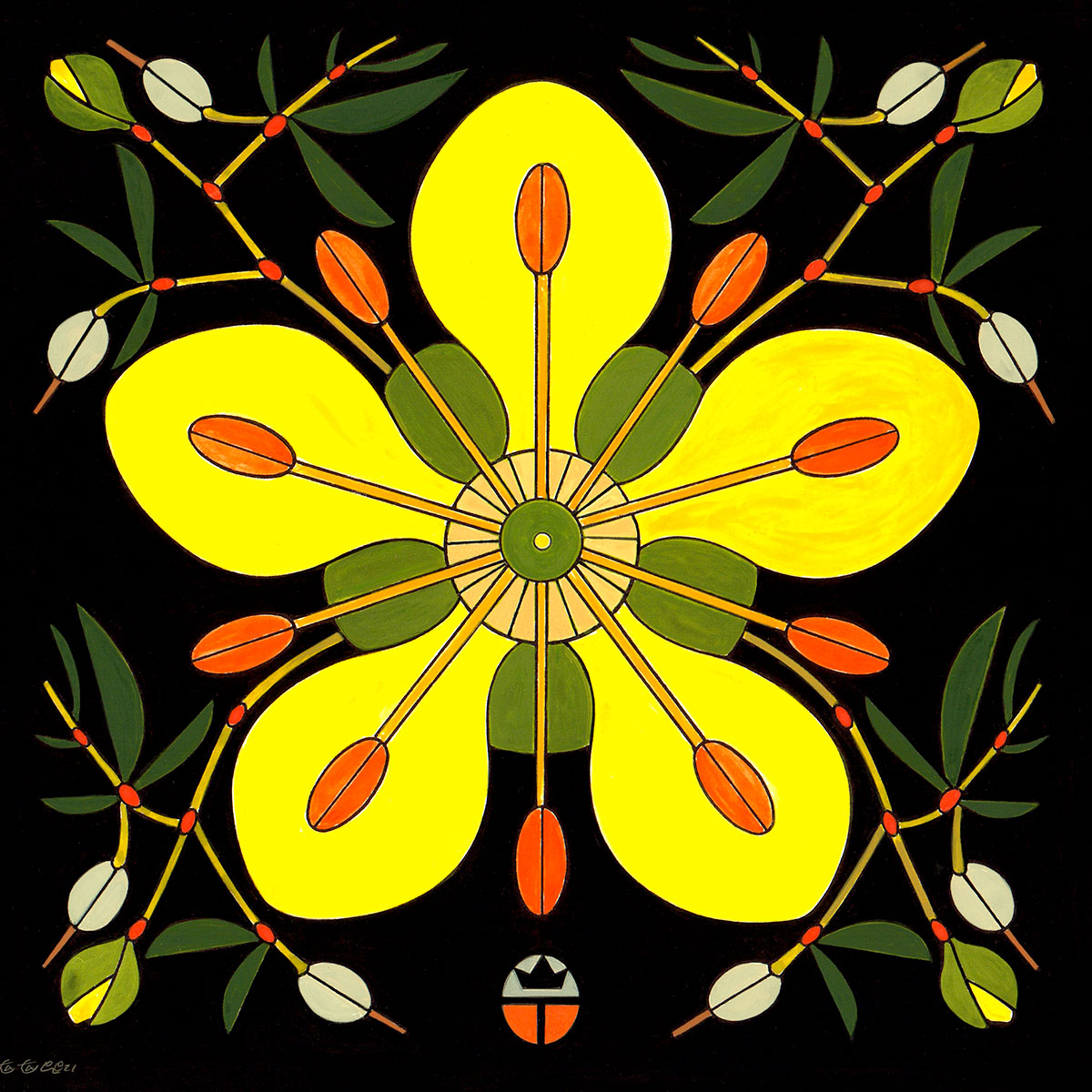 Full color print of creosote blossom measures 7.5" x 7.5" plus a 2.25" white border. Black frame with glass, measures 12" x 12".
