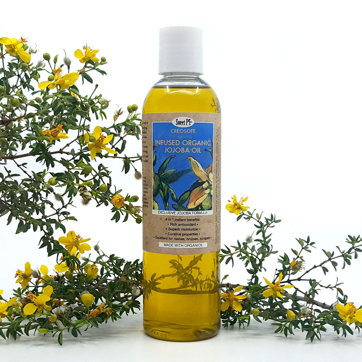 Healing and moisturizing Creosote infused Jojoba oil.
