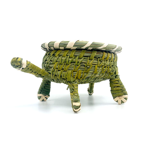This handwoven lidded Tortoise Basket is by Tohono O'odham artist Fred Cruz from Sells, Arizona. Della and Fred are known for their signature sculptural baskets. These baskets measure approximately 4.5 inches in diameter and 4 inches high. Neck measures about 2 inches long and legs are approx. 1.75 inches high.  Plant materials are hand gathered from the Sonoran Desert. Coils are native Beargrass and the split stitches are of sun-bleached and unbleached Soaptree Yucca.