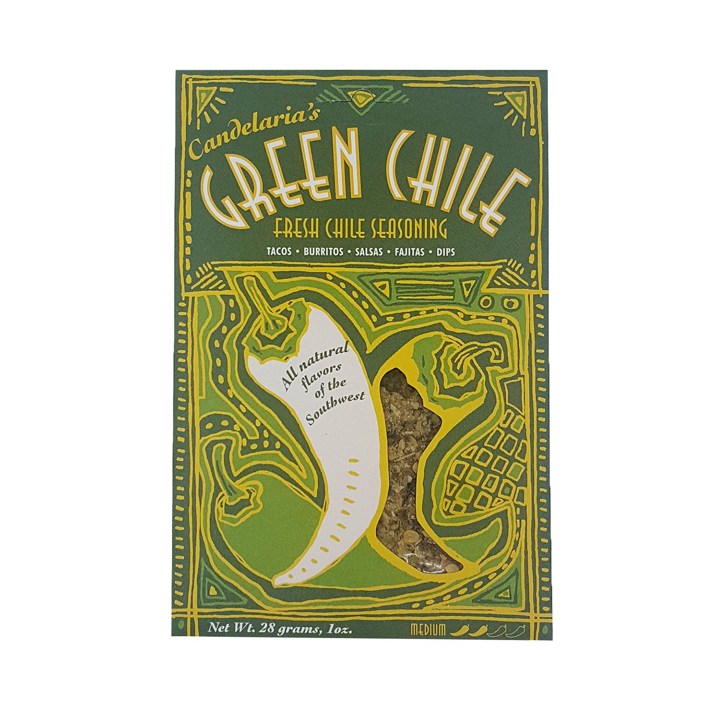 Fresh green chile seasoning - Makes an award winning Green Chile Dip! Also for Marinades, Tacos, Burritos, Salsas and Fajitas, recipes on packaging Green chile, onions, sea salt, select spices All natural, Gluten free, no sugar or preservatives, very low sodium Medium heat 1 oz. spice pack