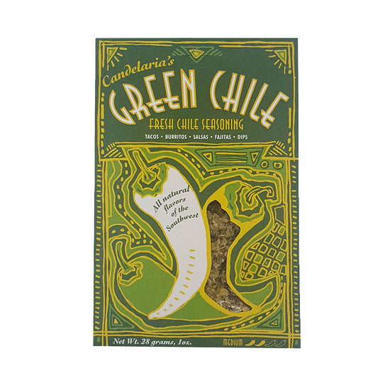 Load image into Gallery viewer, Fresh green chile seasoning - Makes an award winning Green Chile Dip! Also for Marinades, Tacos, Burritos, Salsas and Fajitas, recipes on packaging Green chile, onions, sea salt, select spices All natural, Gluten free, no sugar or preservatives, very low sodium Medium heat 1 oz. spice pack
