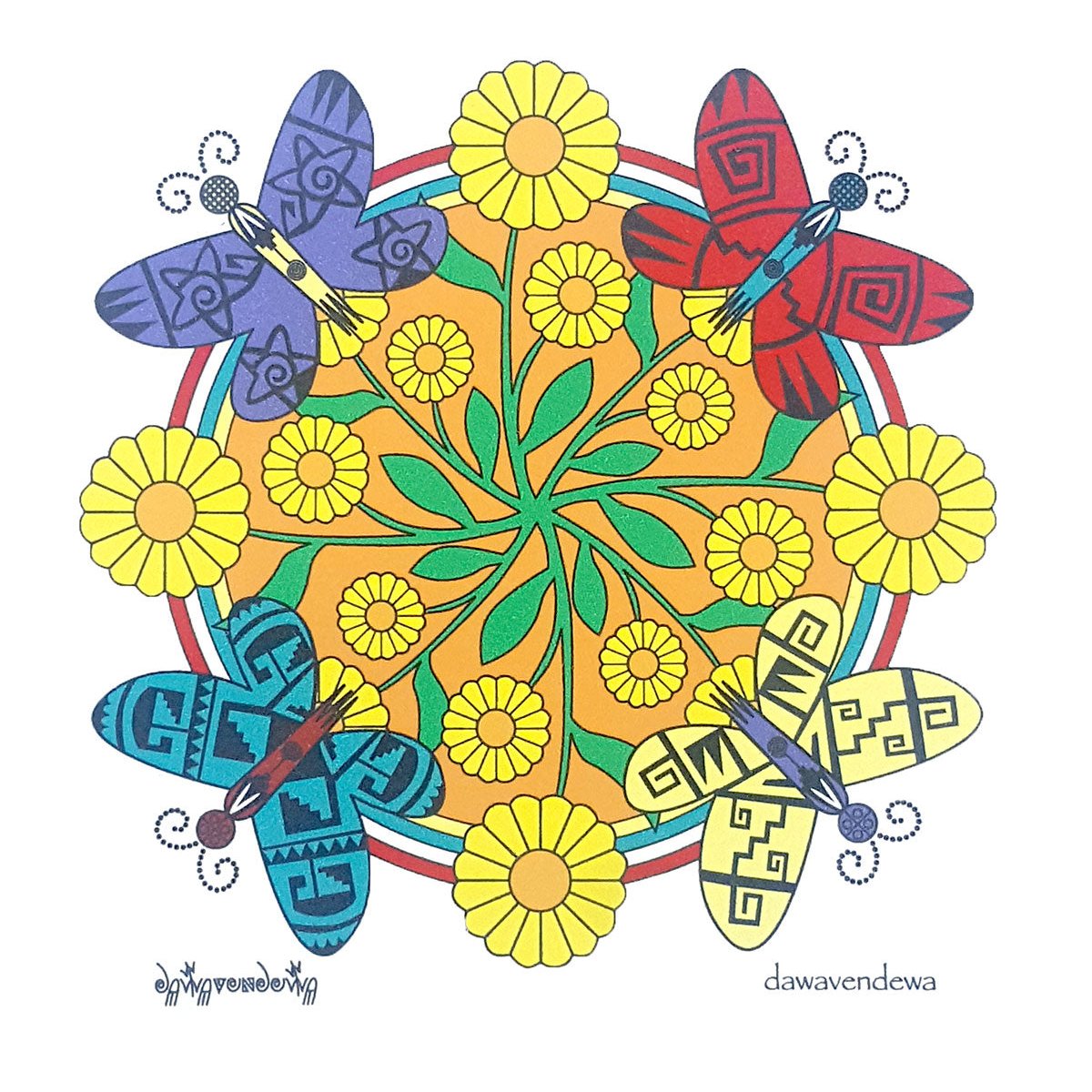 The designs on these cards are prints of original artwork by Hopi Artist&nbsp;Gerald A. A. Dawavendewa. The inside of these cards are blank allowing you to use these for all special occasions.&nbsp;  Size: 5 inches by 6.5 inches  POVOLHOYA (Butterflies), story on back, comes with white envelope
