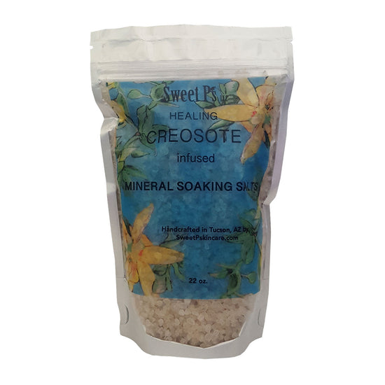 Healing Dead Sea salt mineral soak with creosote infused jojoba oil. Handmade in Tucson, AZ. Cruelty free.