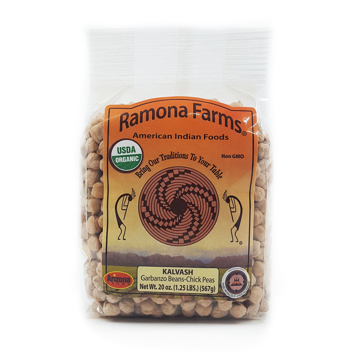 From Ramona Farms near Sacaton, AZ, on the Gila River Indian Reservation. These are organic, Non-GMO Kalvash (garbanzo beans/chickpeas). Delicious in soups and stews or perfect for making your own hummus.  Ramona Farms is a Native American owned and operated company.
