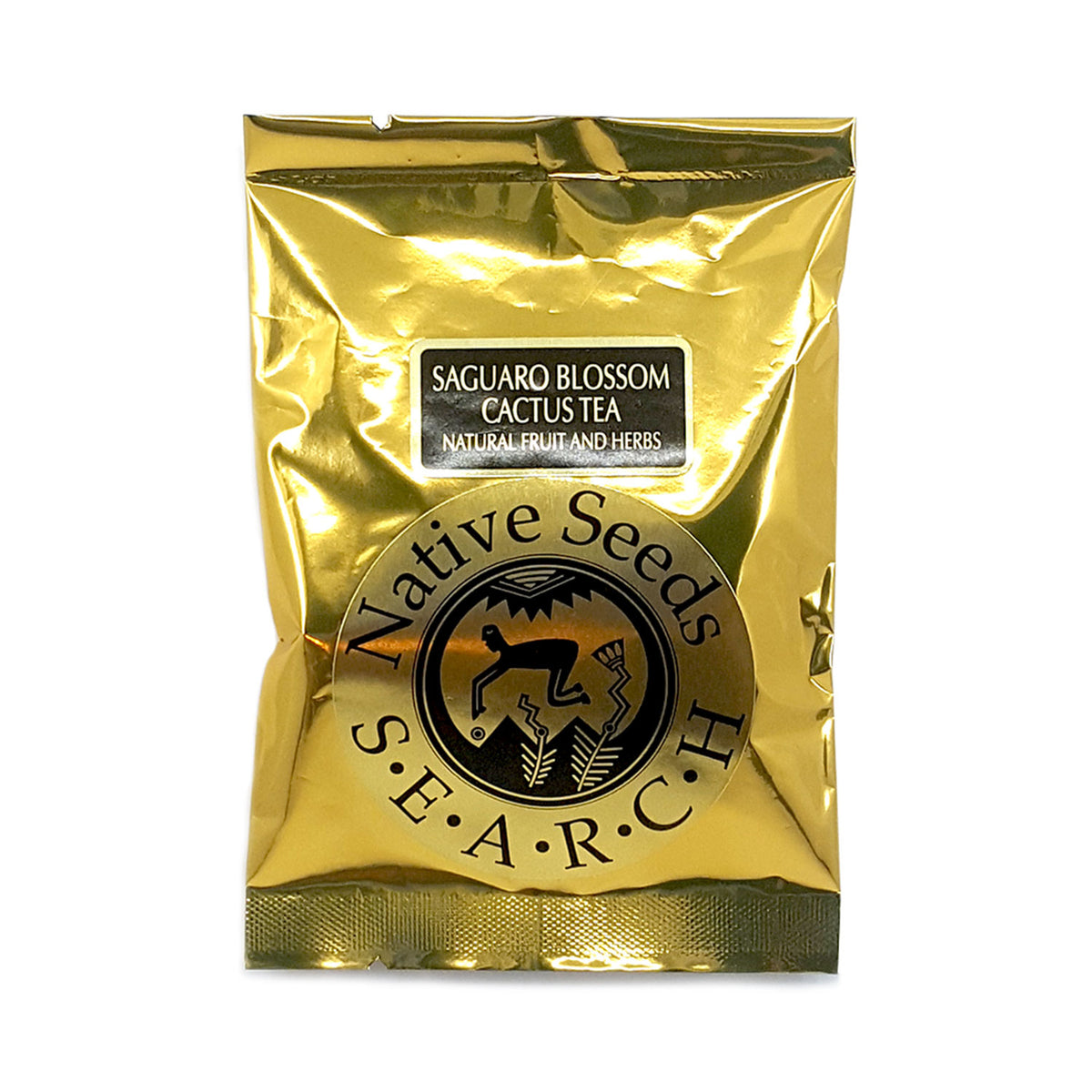 Gold foil package of 8 saguaro blossom cactus tea bags featuring native seeds/SEARCH logo