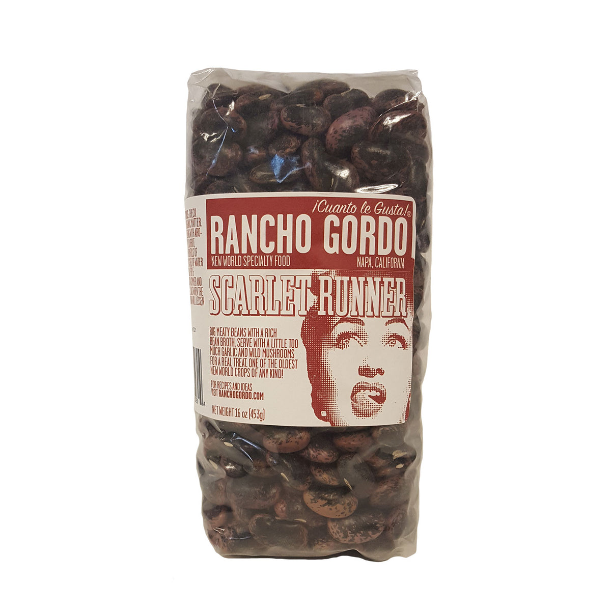 Scarlet Runners are one of the oldest cultivated foods of the New World! From the heart of Oaxaca, these big, fat beans are less starchy than Limas but more substantial than other Runner beans. The beans are firm and stay whole, but you can keep cooking them and they'll go from starchy to creamy. Despite their thick skin, they exude a beautiful, rich bean broth that needs little help to be enjoyed. Wonderful with mushrooms and lots of garlic. 1 pound bag