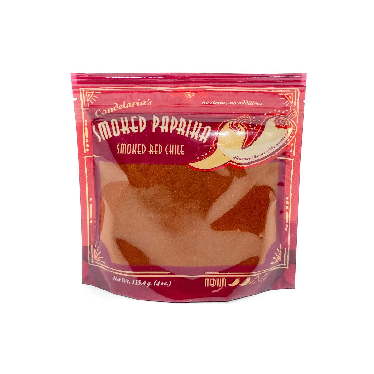 Exceptional taste and quality! Made from 100% New Mexico Red Chile, no stems or seeds, smoked to perfection. Medium heat.  Pure red chile of the highest quality, all natural, no sugar, preservatives or additives. Gluten Free.